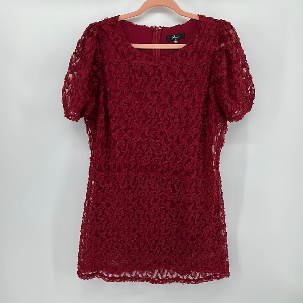 Lulu's Romanic Sexy Party Red Mesh Floral Design Short Sleeve Zipper Back SzXL